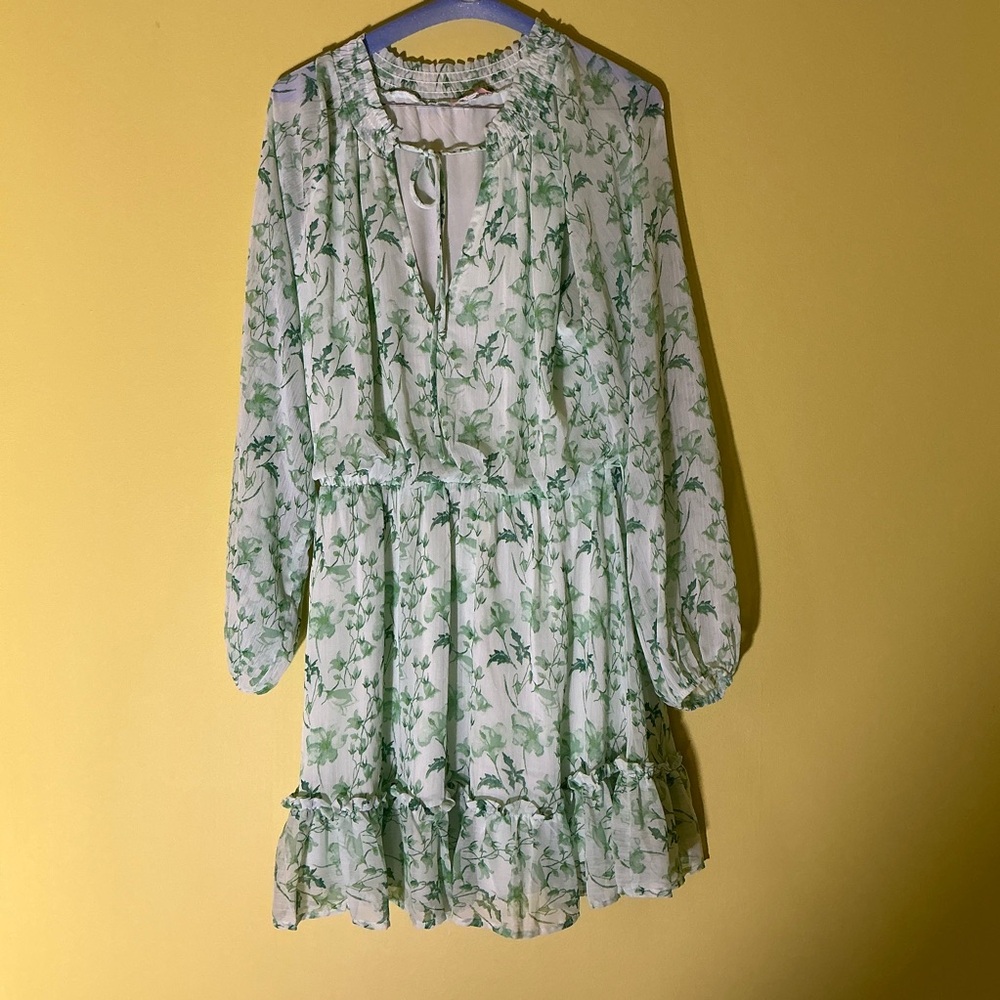 GB Green and White Floral Chiffon Ruffle Mini Dress
